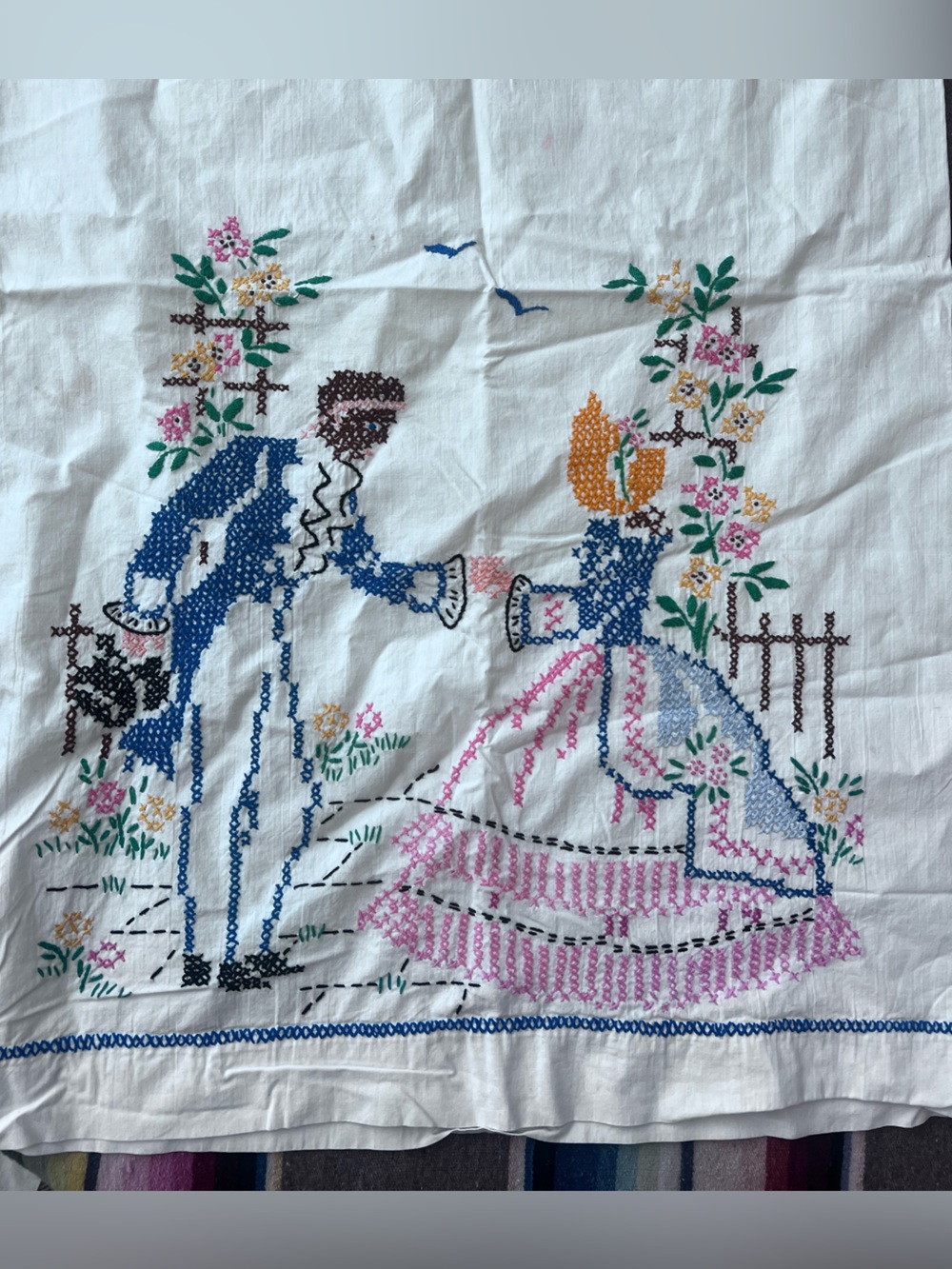 Embroidered Romantic Couple Blue, Pink & Green southern bell pillowcases